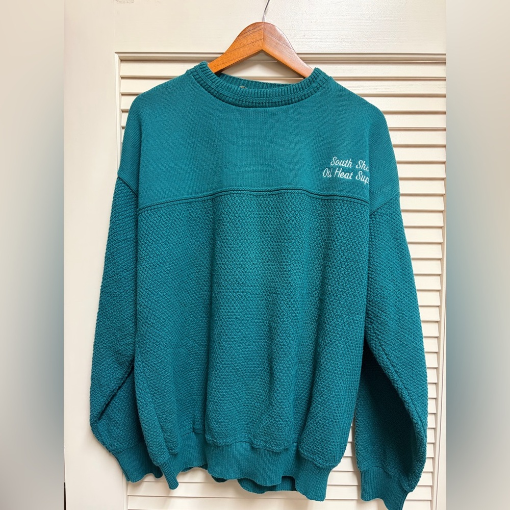 VTG Signature Collection Cotton Knit Sweater Large USA Teal Grunge Embroidered
